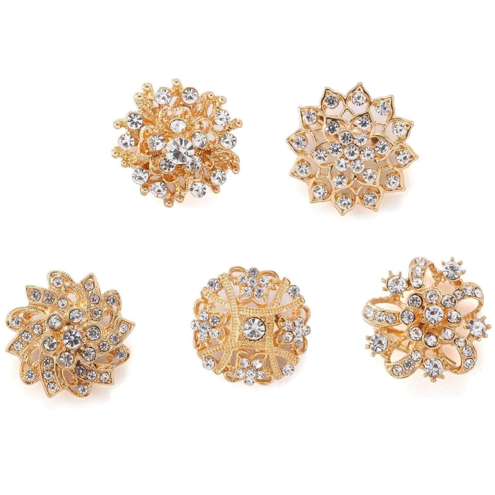 5 Pack Assorted Gold Plated Mandala Crystal Rhinestone Brooches Floral Sash Pin Brooch Bouquet Decor