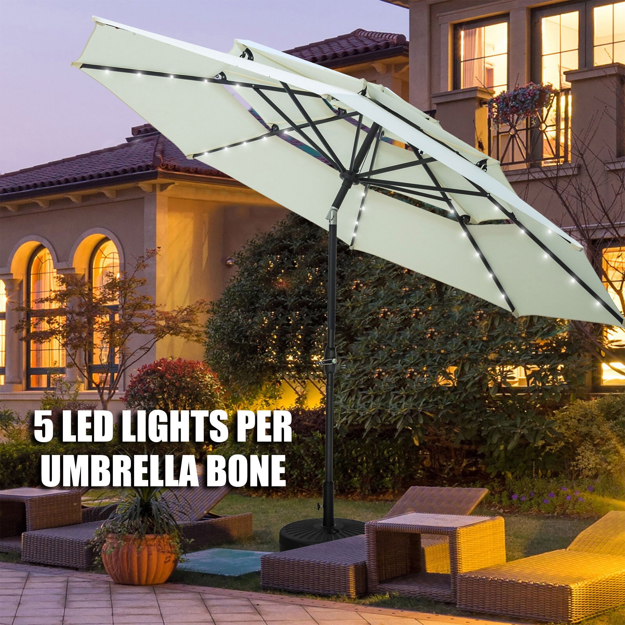 Autlaycil 10Ft 3 Tiers Patio Umbrellas Solar 32 LED Lighted Umbrella with 8 Ribs Patio Table Umbrella, White