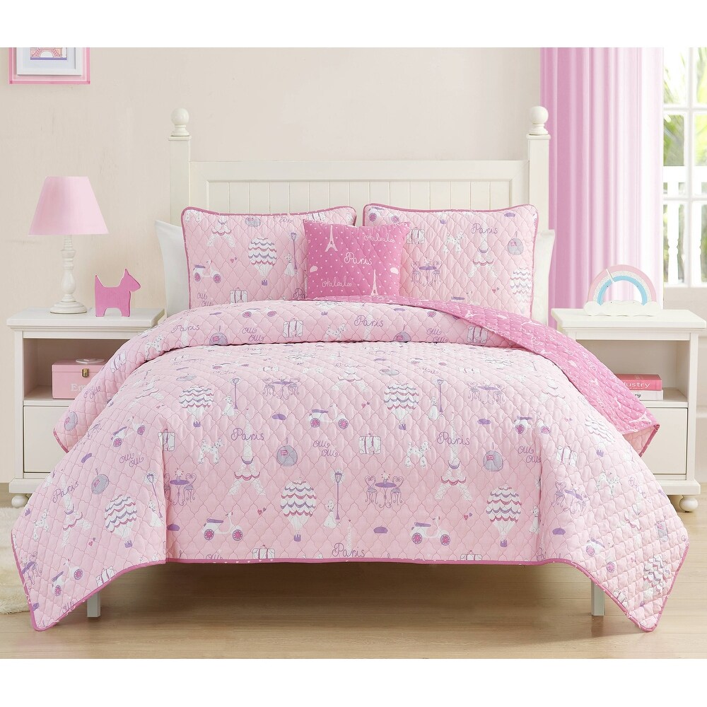 Dreaming of Paris Pink Cotton Reversible Quilt Set