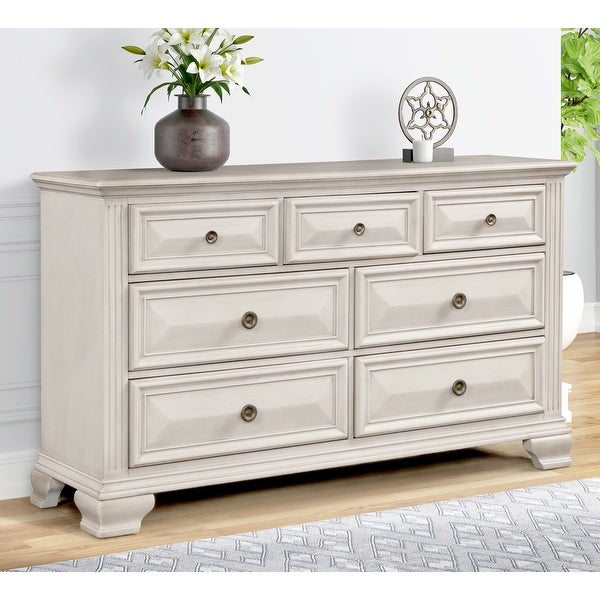 Roundhill Furniture Renova Distressed Parchment Wood Bedroom Set， Panel Bed， Dresser， Mirror， Nightstand - - 31525127