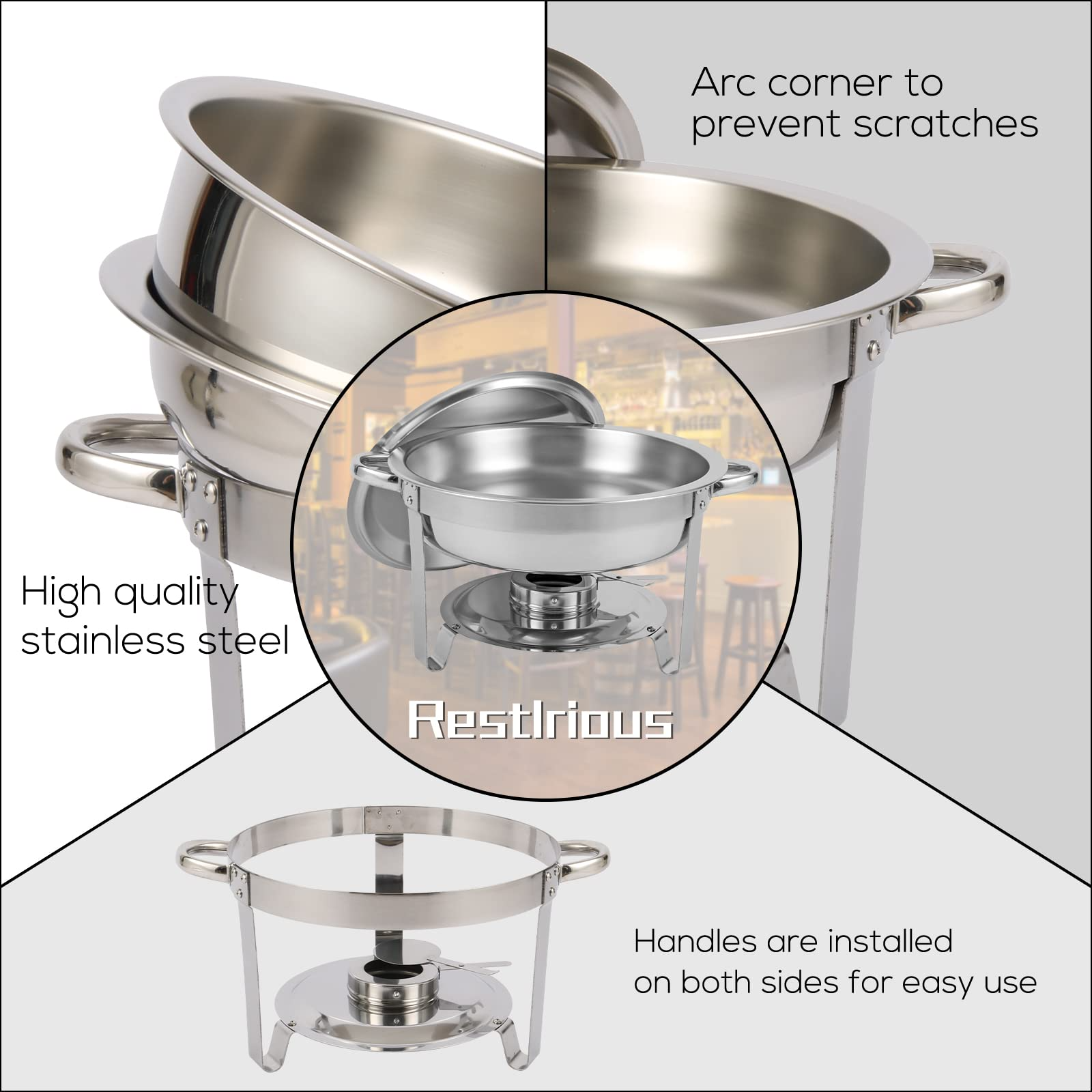 HORESTKIT 2 Packs Round Chafing Dishes Stainless Steel Chafers and Buffet Warmers Sets 5QT Large Capacity w/Water Pan， Food Pan， Fuel Holder and Lid for Catering Event Parties