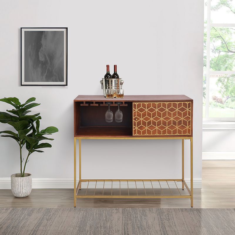 Kalyn 48 Inch Acacia Wood Bar Cabinet， 1 Door， Metal Frame， Geometric Screen Print， Brown， Brass