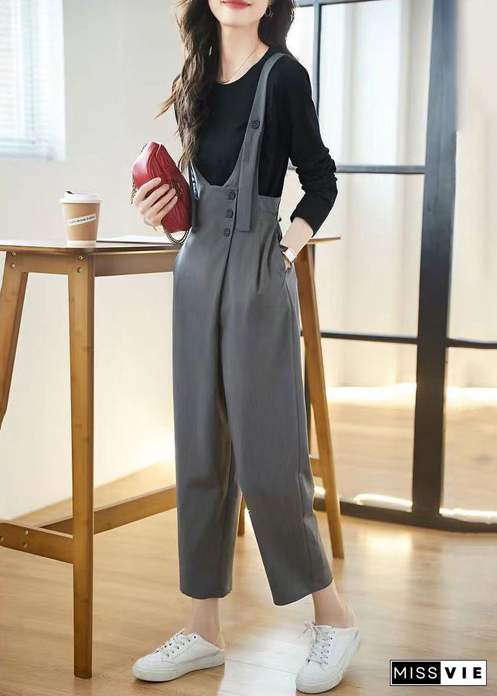 Chic Grey Pockets High Waist Patchwork Cotton Jumpsuits Fall