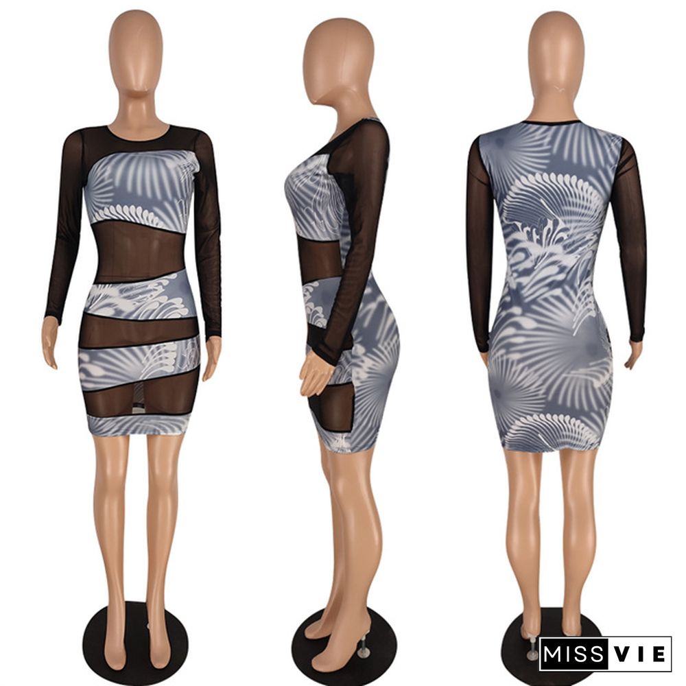 Fashion Printed Sheer Mesh Patchwork Long Sleeve Women Party Night Club Wear Bodycon Mini Dresses