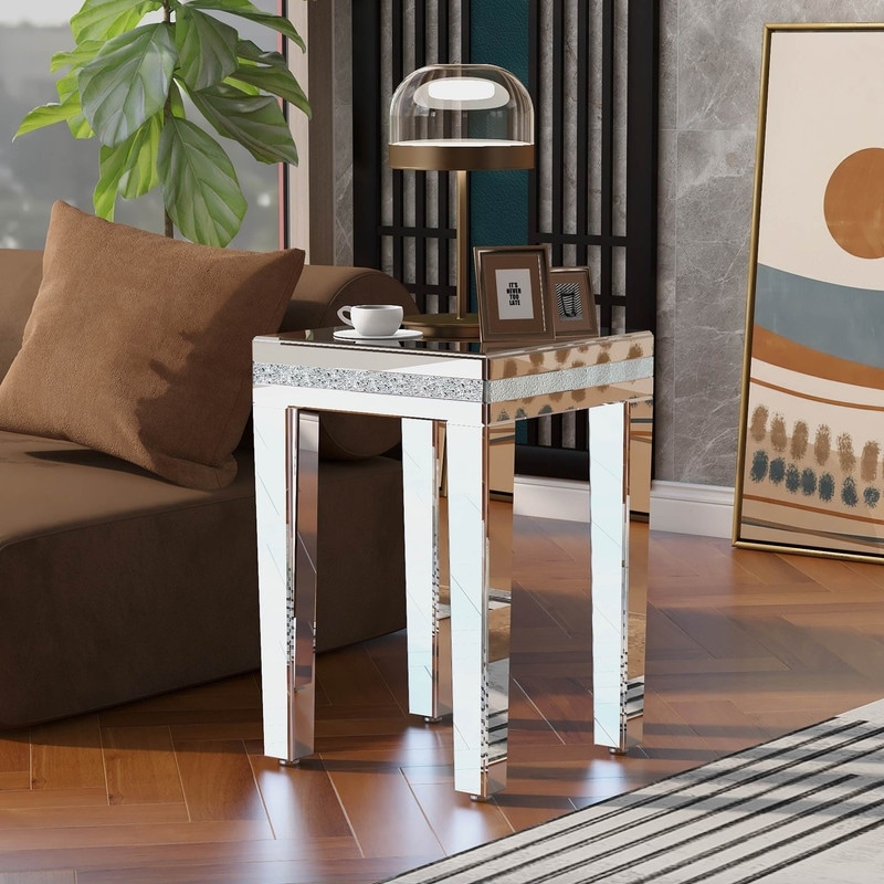 Fashionable Modern Glass Mirrored Side Table， Easy Assembly End Table with Crystal Design and Adjustable Height Legs