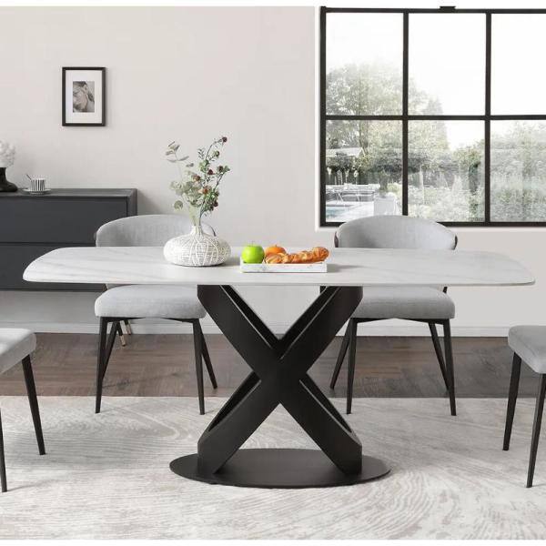 FORCLOVER 71 in. Rectangular Luxury Modern White Stone Dining Table with Solid Black Carbon Steel Base for Dining Room (Seats 8) MONMUCF-07DT01