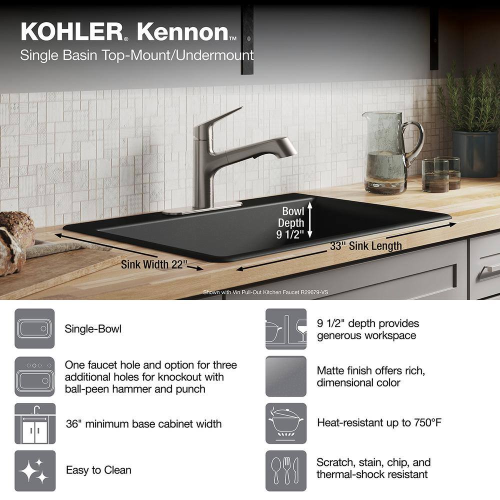 KOHLER Kennon 33 in. 1- Hole Undermount Single Bowl Granite Composite Kitchen Sink in Matte Black RH8437-1-CM1