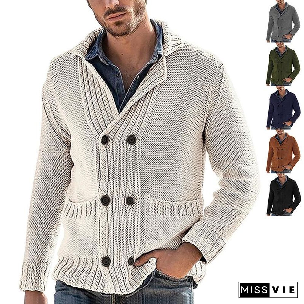 Cardigan Men's Fashion Solid Color Lapel Long Sleeve Knitted Coat