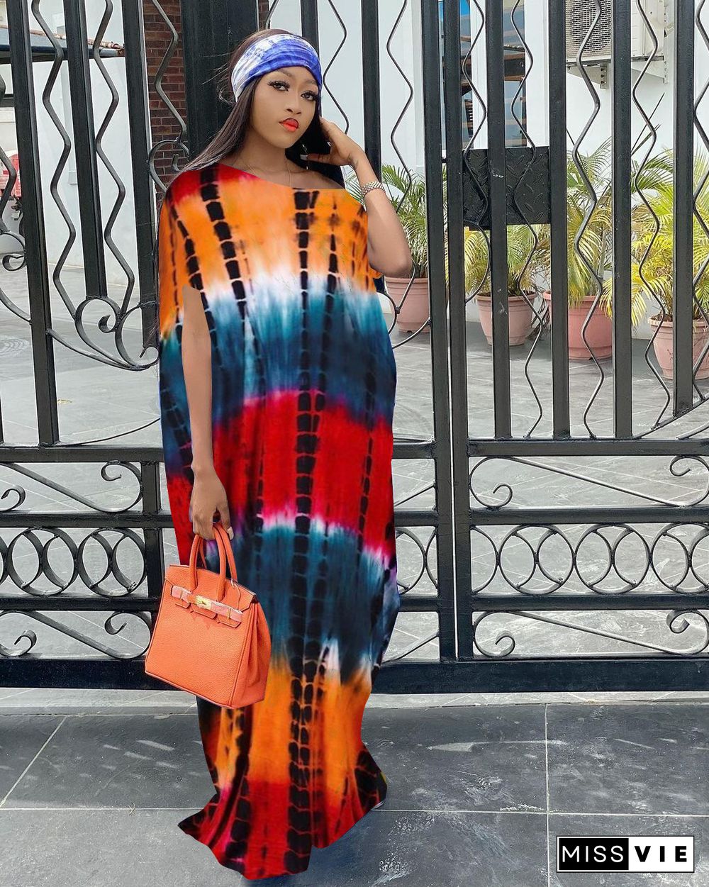 Summer Tie Dye Print Diagonal Callar Short Sleeve Casual Women Pullover Loose Long Dress