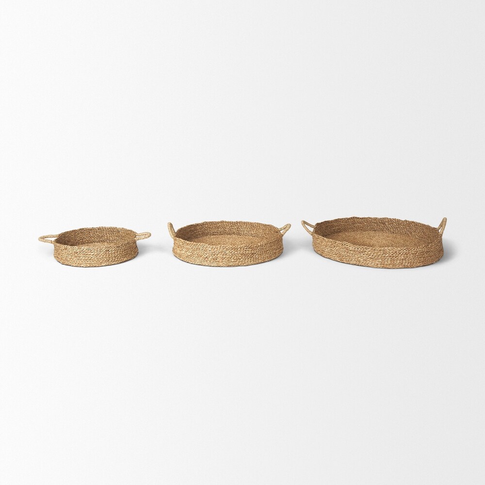 Ulana Brown Seagrass Round Nesting Trays With Handles (Set of 3)   26.4L x 26.4W x 3.9H