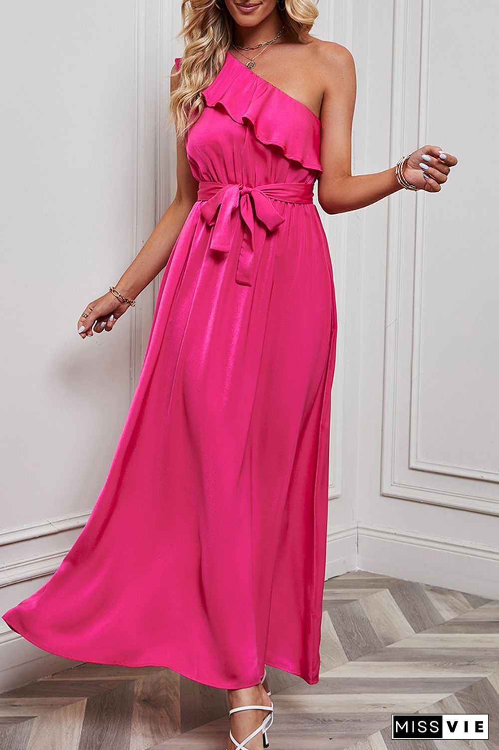 Rose One Shoulder Ruffles Maxi Dress Wish Sash