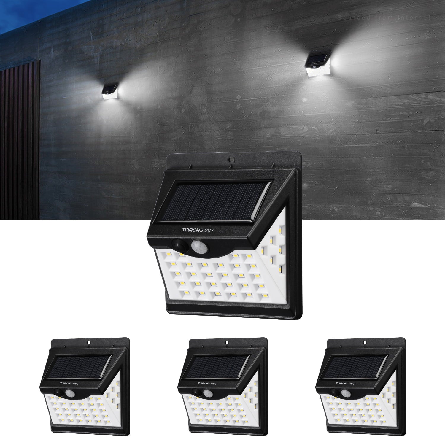 TORCHSTAR 4Pack 40 LED Outdoor Solar Lights， Wireless Security Motion Sensor Light 270° Beam angle， 6500K Pure White for Garage， Porch， Driveway， Patio， Black