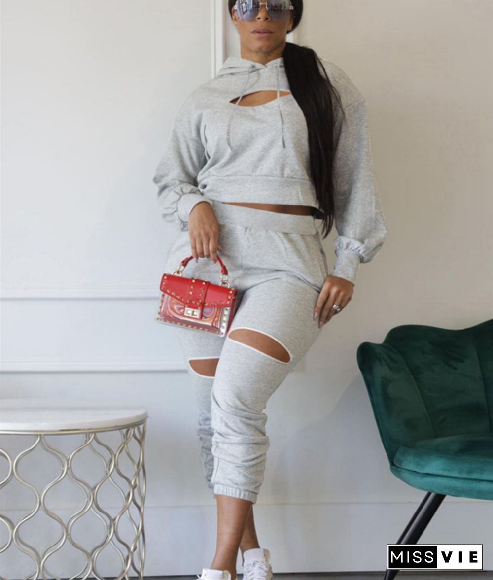 Cut Out Hoodies Sweatshirt Pencil Pants Two Piece Set