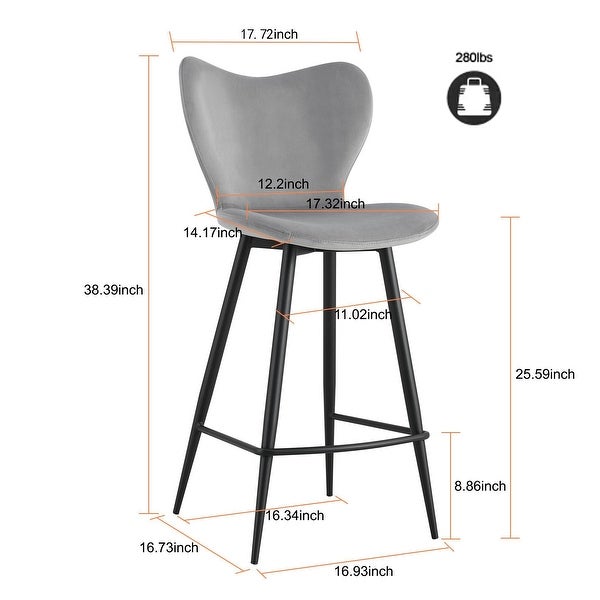 38.3Inch Seat High Barstool， Dining Chairs， Velvet Chair Modern Kitchen Chair with Metal leg(Set of 2)