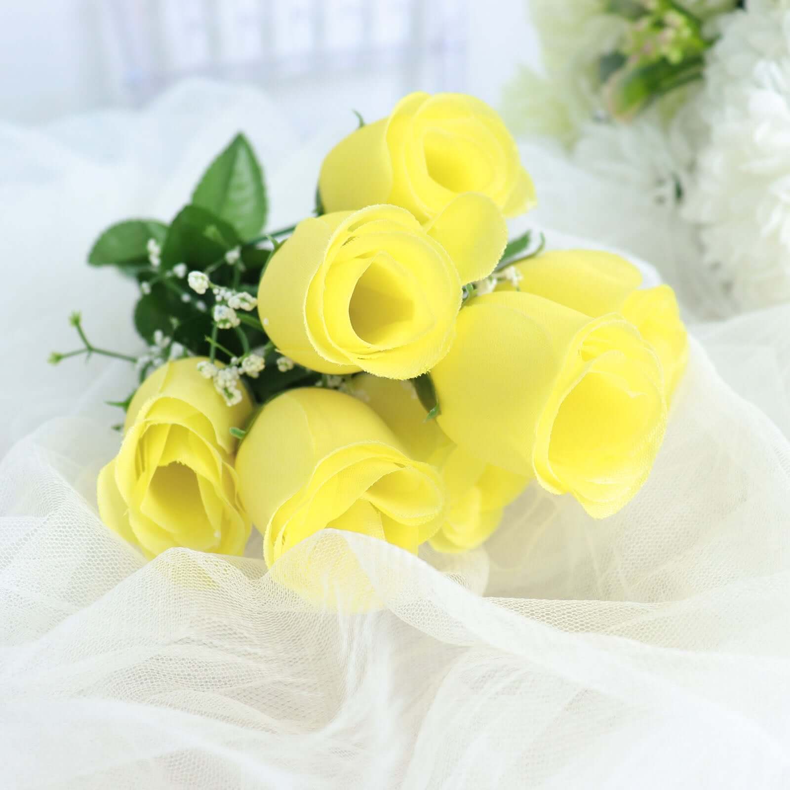 12 Bushes Yellow Artificial Premium Silk Flower Rose Bud Bouquets