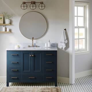 ARIEL Cambridge 49 in. W x 22 in. D Vanity in Midnight Blue with Marble Vanity Top in Carrara White with White Basin A049SCWRVOMNB