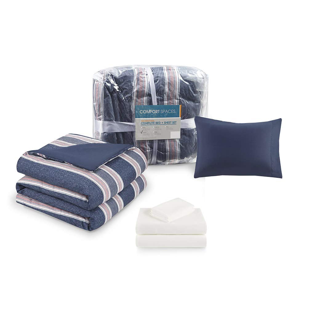 Comfort Spaces Wallace Microfiber 9-Piece Navy/Red Stripe Bed in a Bag Comforter Set， Full