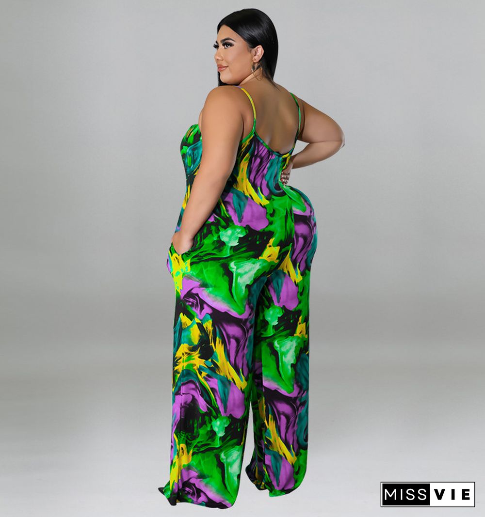 Plus Size Print Wide Leg Jumpsuit with Belt