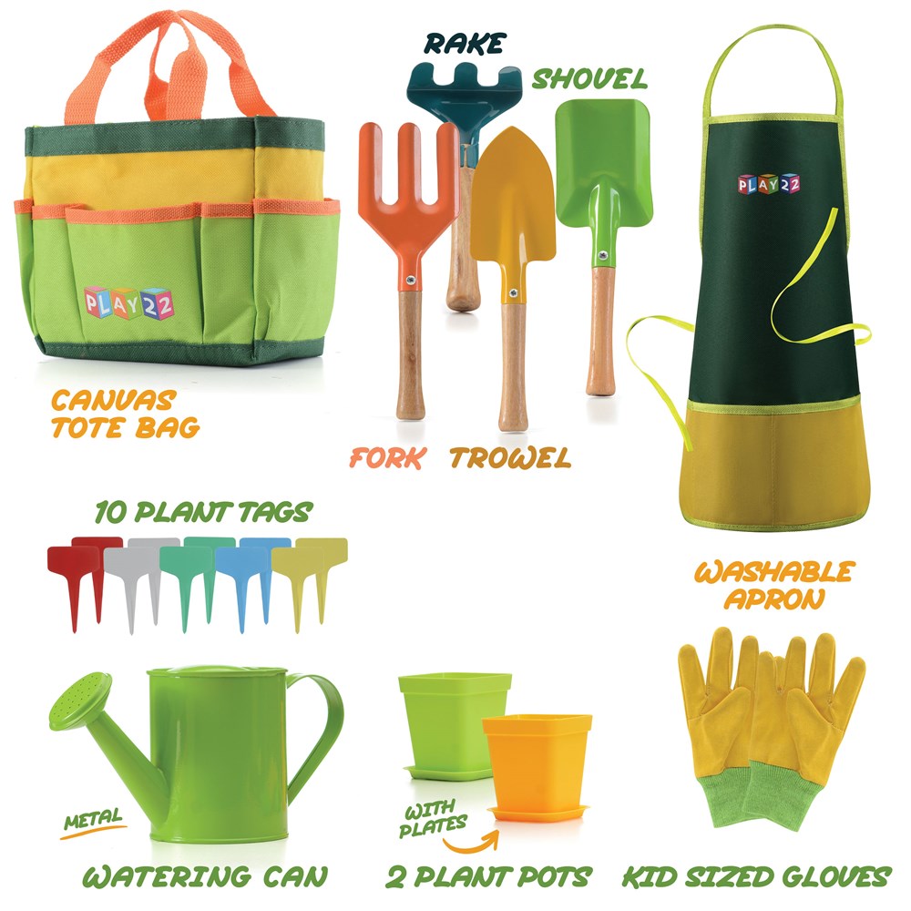 Kids Gardening Tool Set 12 PCS - Includes Shovel, Rake, Fork, Trowel, Apron, Gloves, Watering Can and Tote Bag - Wooden Gardening Tools for Kids - Play22USA