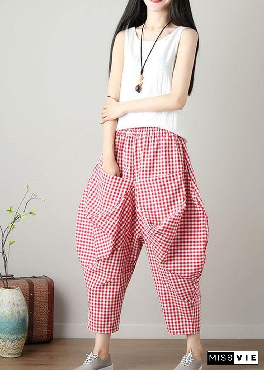 fashion casual red plaid cotton crop pants loose elastic waist pants