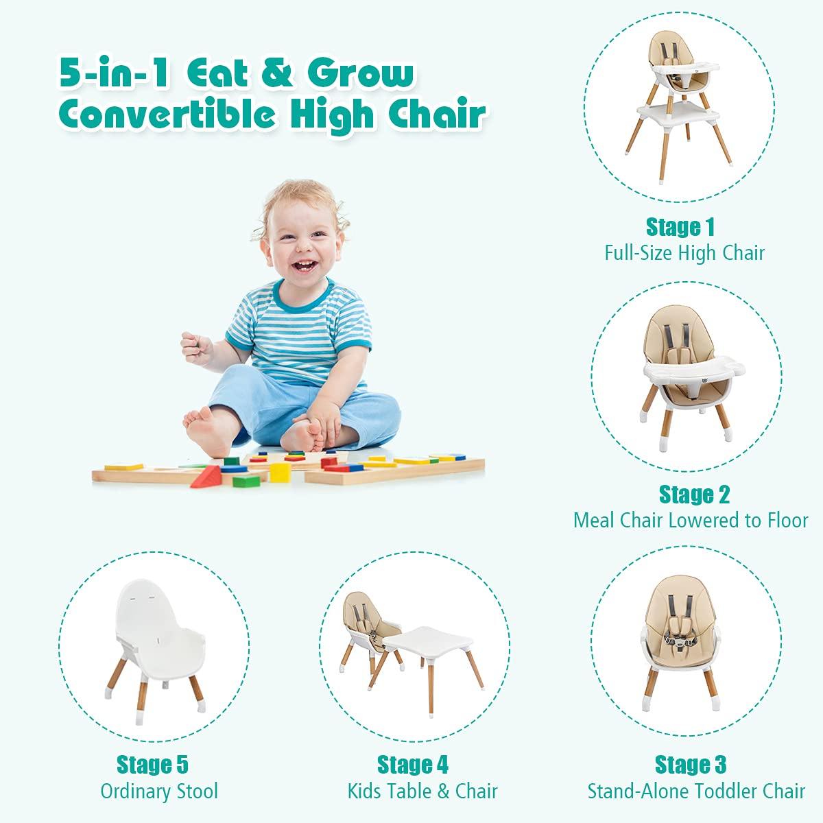 BABY JOY 5 in 1 High Chair, Baby Eat & Grow Convertible High Chair/Booster Seat/Toddler Chair & Table