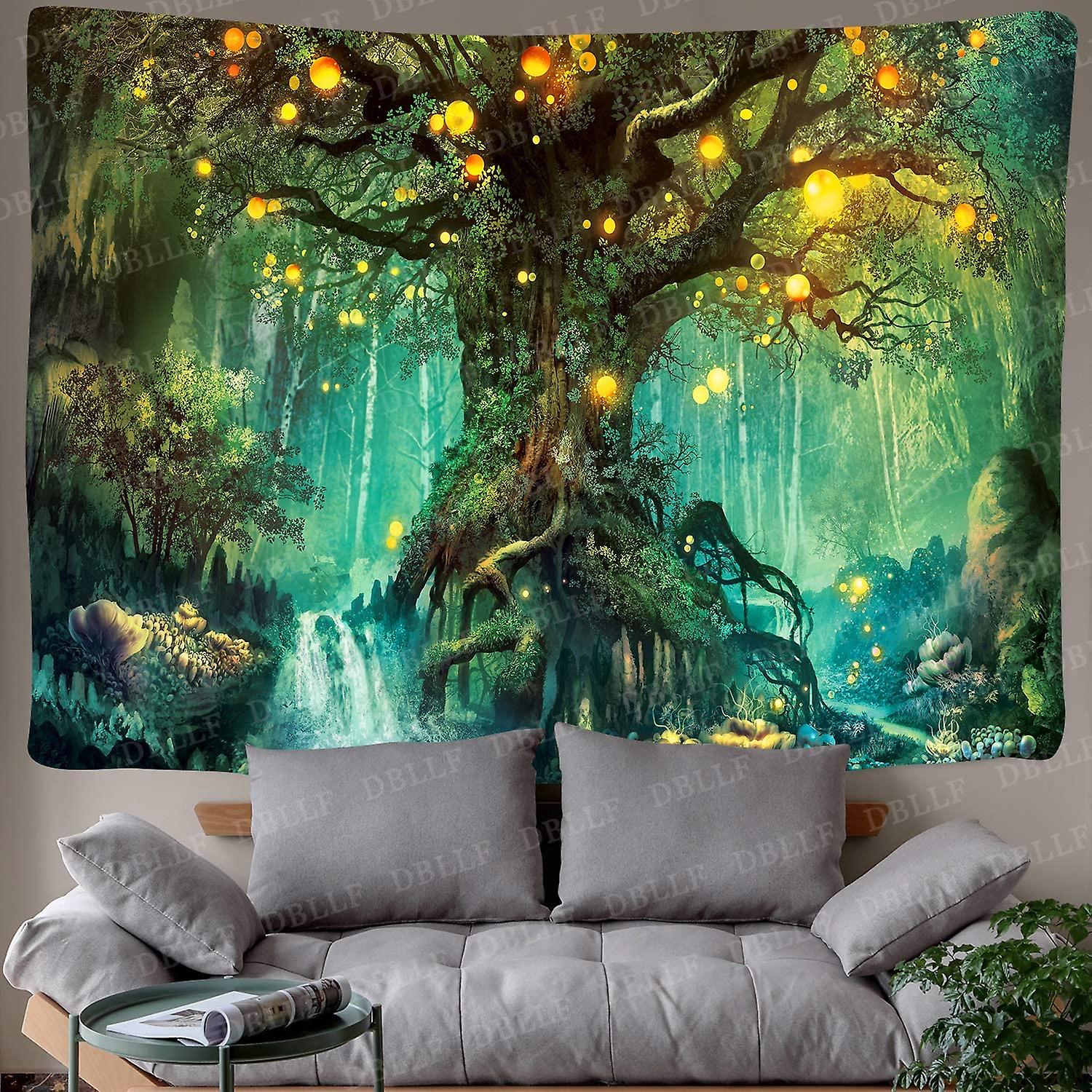 Fantasy Forest Tapestry Magical Tree Of Life Tapestry Mystical Shining Lanterns Tapestry Waterfalls Under Ancient Enchanted Tree Tapestry 80 X 60 Flan