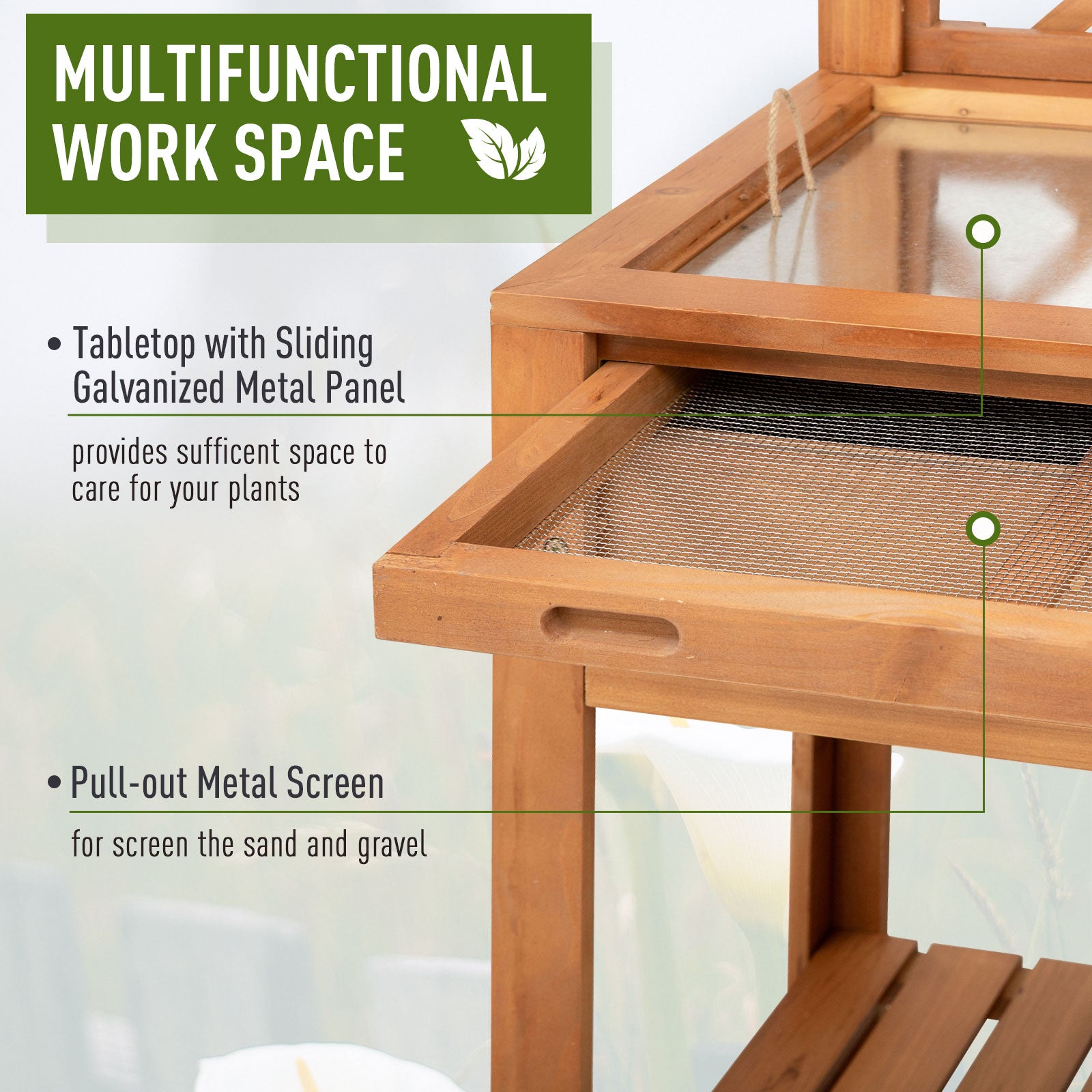 48'' Garden Work Bench Table w/ Metal Screen, Draining Area, Side Hooks, Drawer, Open UpperLower Shelf