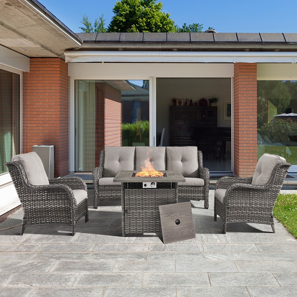 4 piece Outdoor Patio Sofa Chair Set With Fire Pit Table