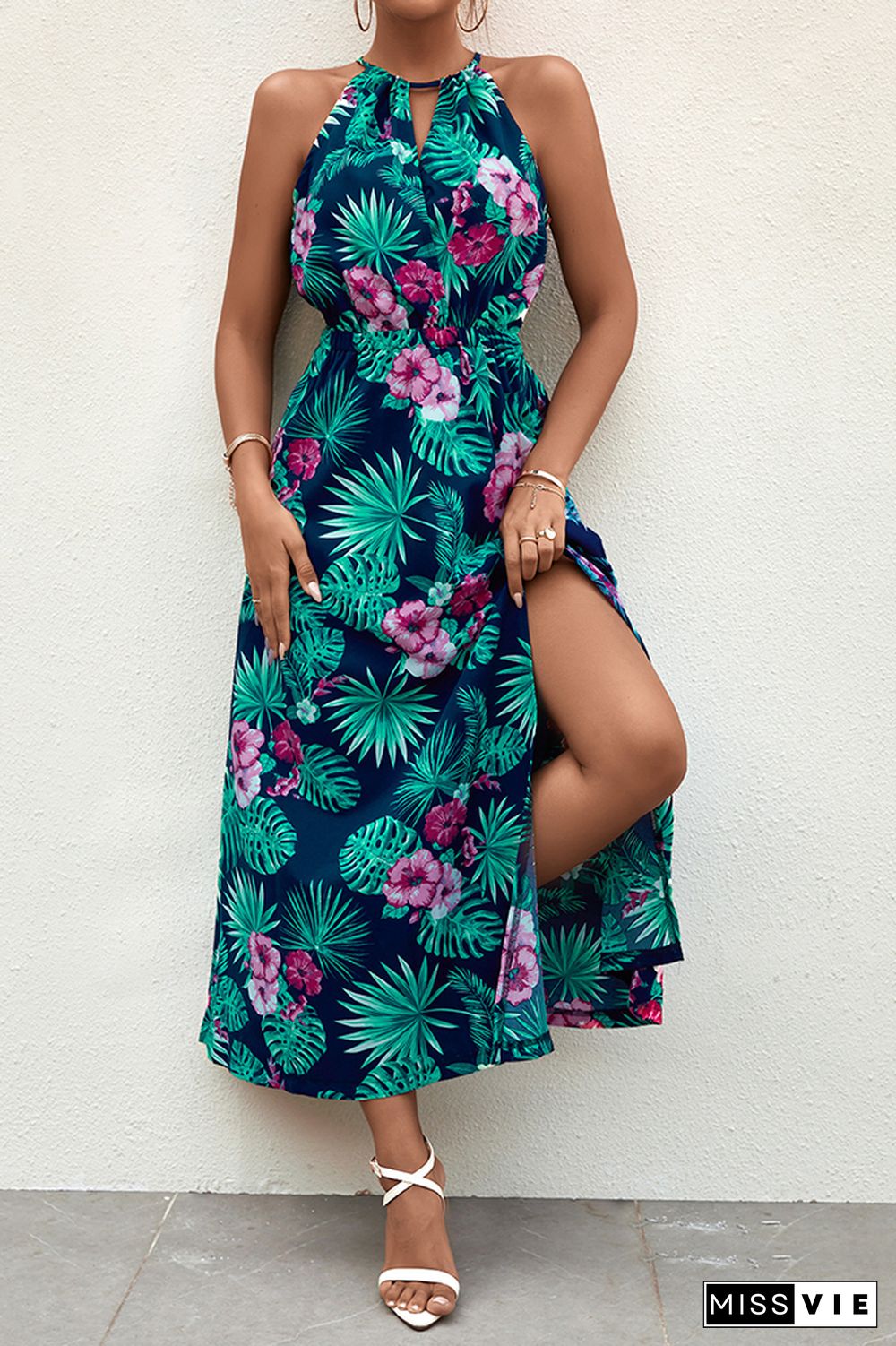 Floral Print Halter High Waist Dress Wholesale