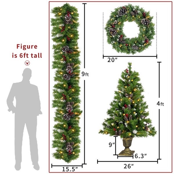 Prelit Xmas Tree Artificial Christmas 4Piece Set，Garland，Wreath and Set of 2 Entrance Trees Xmas with LED Lights