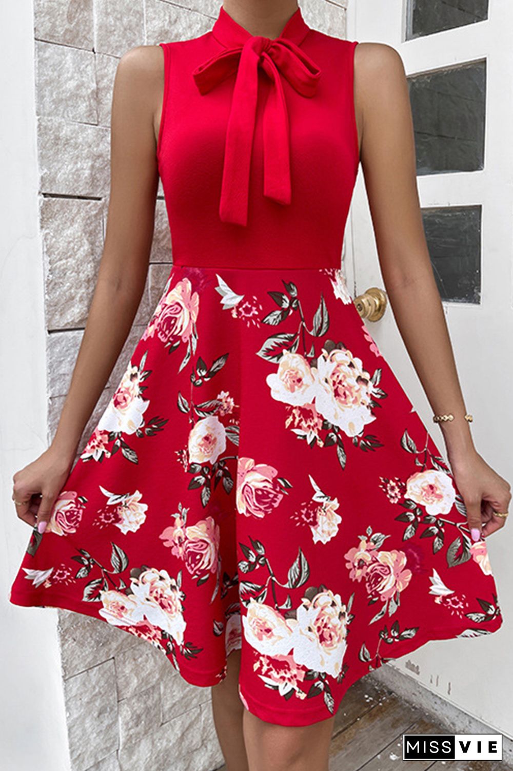 Fashion Print Bandage O Neck Cake Skirt Dresses(4 Colors)