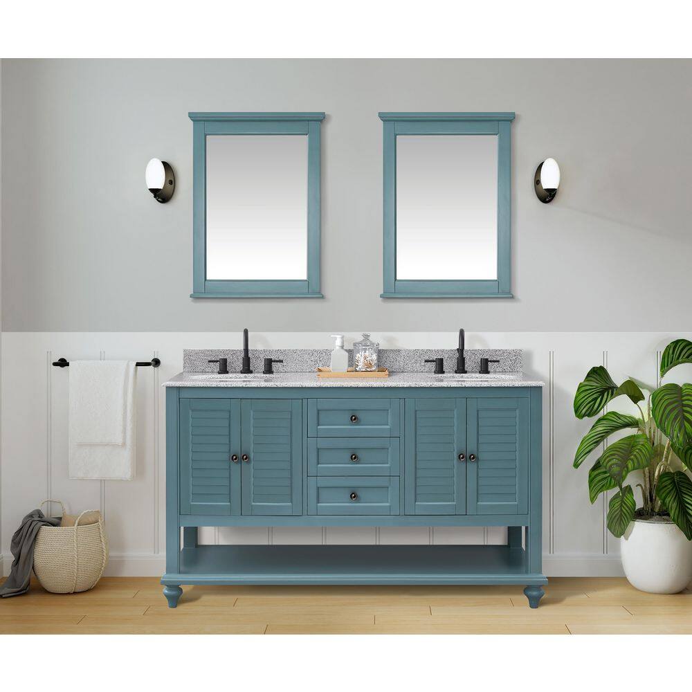 Home Decorators Collection Hamilton 61 in. W x 22 in. D x 35 in. H Open Shutter Bathroom Vanity in Sea Glass with Grey Granite Top 19084-VS61-SG