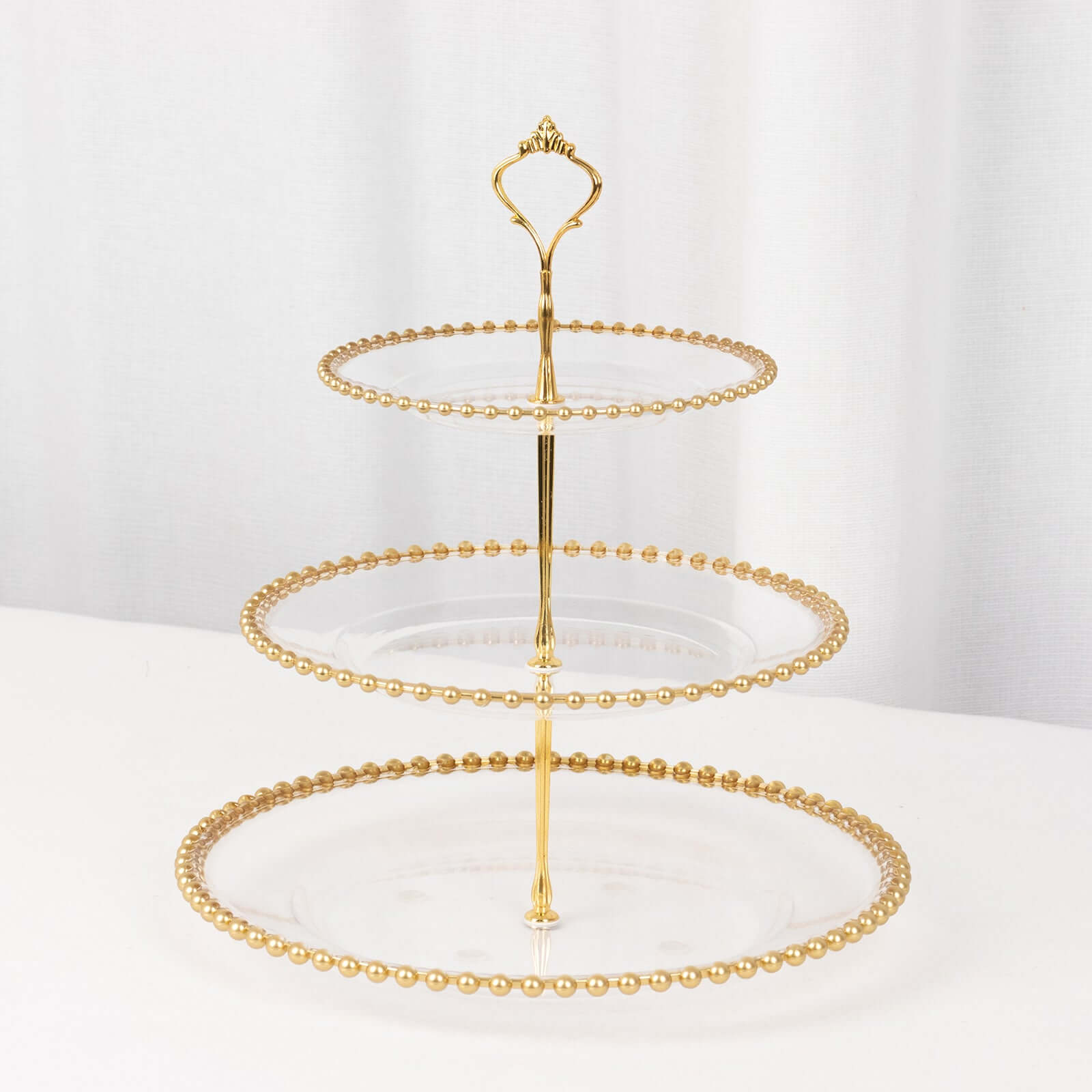 Clear 3-Tier Round Plastic Cupcake Tower Stand with Gold Beaded Rim, Dessert Display Tea Party Serving Platter With Top Handle - 14