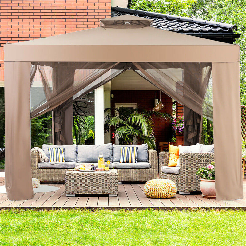 10 x 10 FT Patio Steel Gazebo with Netting, Vented Outdoor Canopy Gazebo Tent for House Party