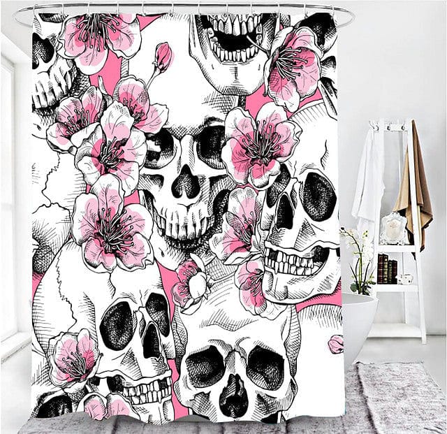 Skull Print Pink Flowers Shower Curtain