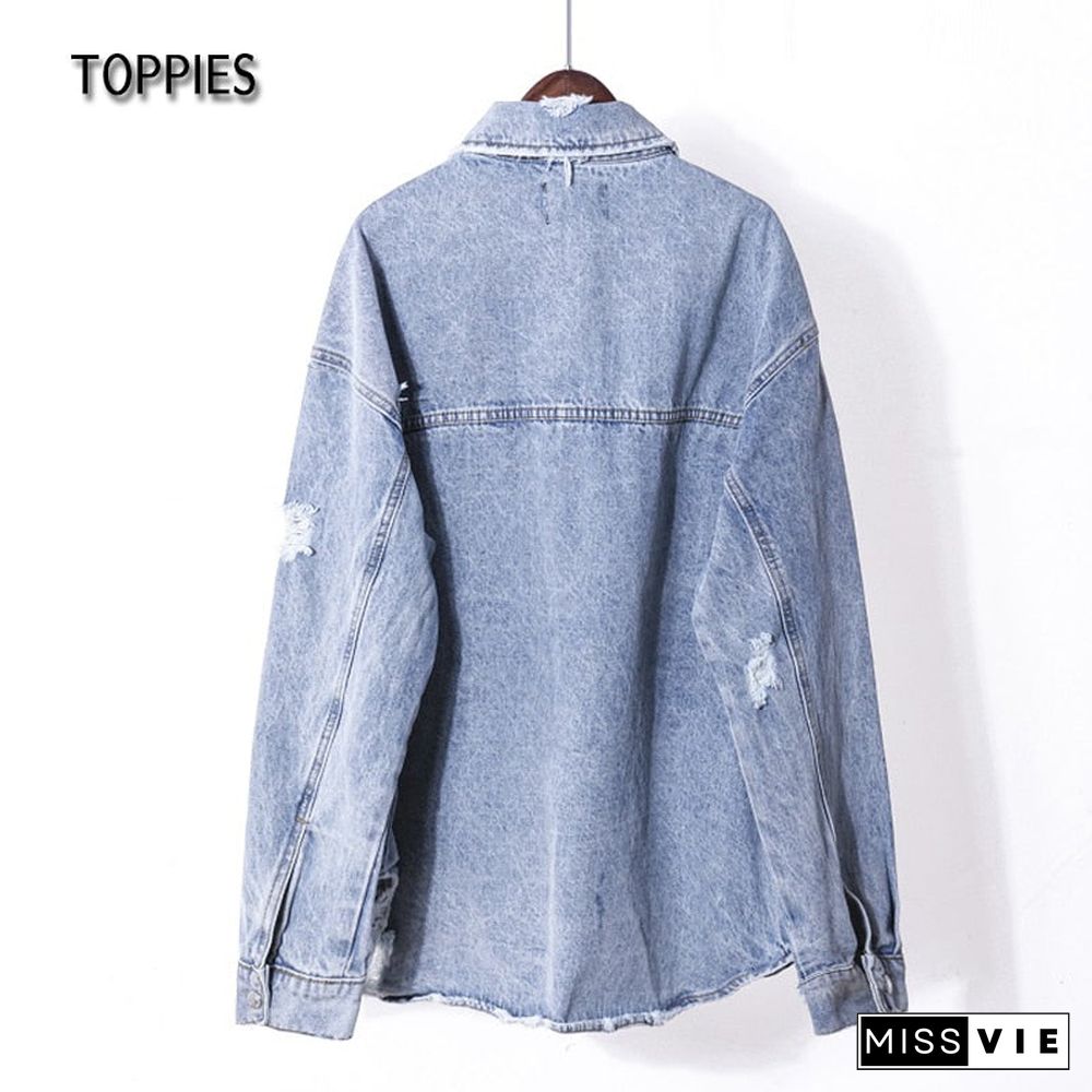 Toppies Women Denim Coat Mid-Length Ripped Loose Outdoor Fashion Women Denim Jacket