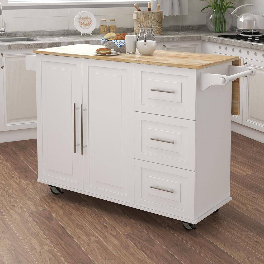 Hooseng Fragemen White Kitchen Island with Drop Leaf and Storage KIMW282S000291