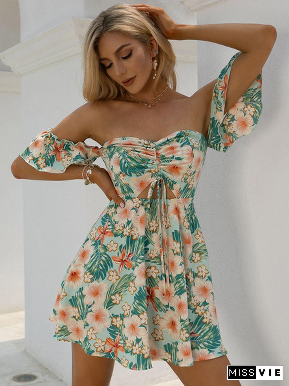 Tropical Floral Print Drawstring Peekaboo Bardot Beach Hot Dress