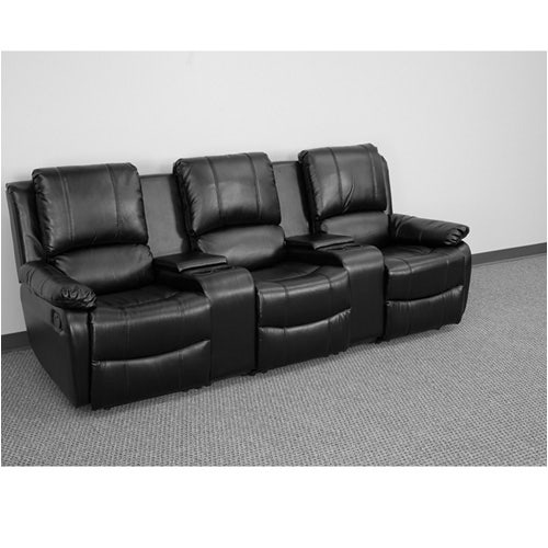 Allure Series 3-Seat Reclining Pillow Back Black Faux Leather Theater Seating Unit with Cup Holders