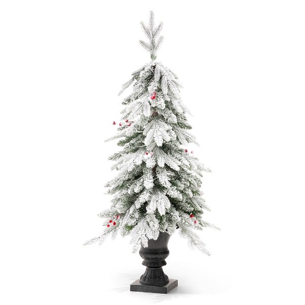 Glitzhome 4FT/5FT PreLit Flocked Fir Artificial Christmas Potted Porch Trees