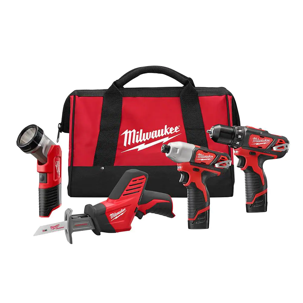 Milwaukee M12 12V Lithium-Ion Cordless Combo Tool Kit With Two 1.5 Ah Batteries， 1 Charger， 1 Tool Bag (4-Tool)