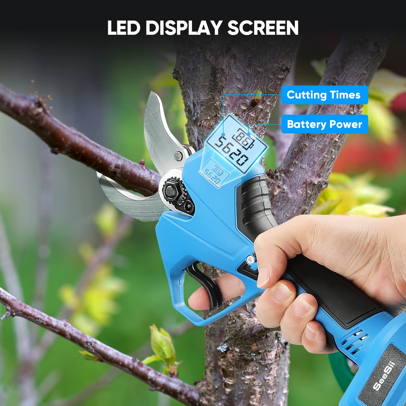 Electric Pruning Shears 40mm, Seesii Cordless Tree Pruner Heavy Duty w/ 2x 2.0Ah Rechargeable Battery & Replacement Blade