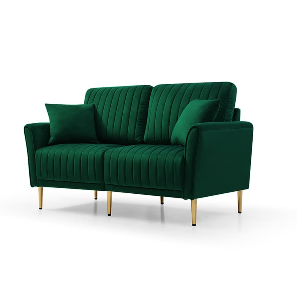 Handcrafted Tufted Sofa Sets Green Velvet Sectional Loveseat Sets with 4 Throw Pillows and Metal legs for Living Room(2pcs)