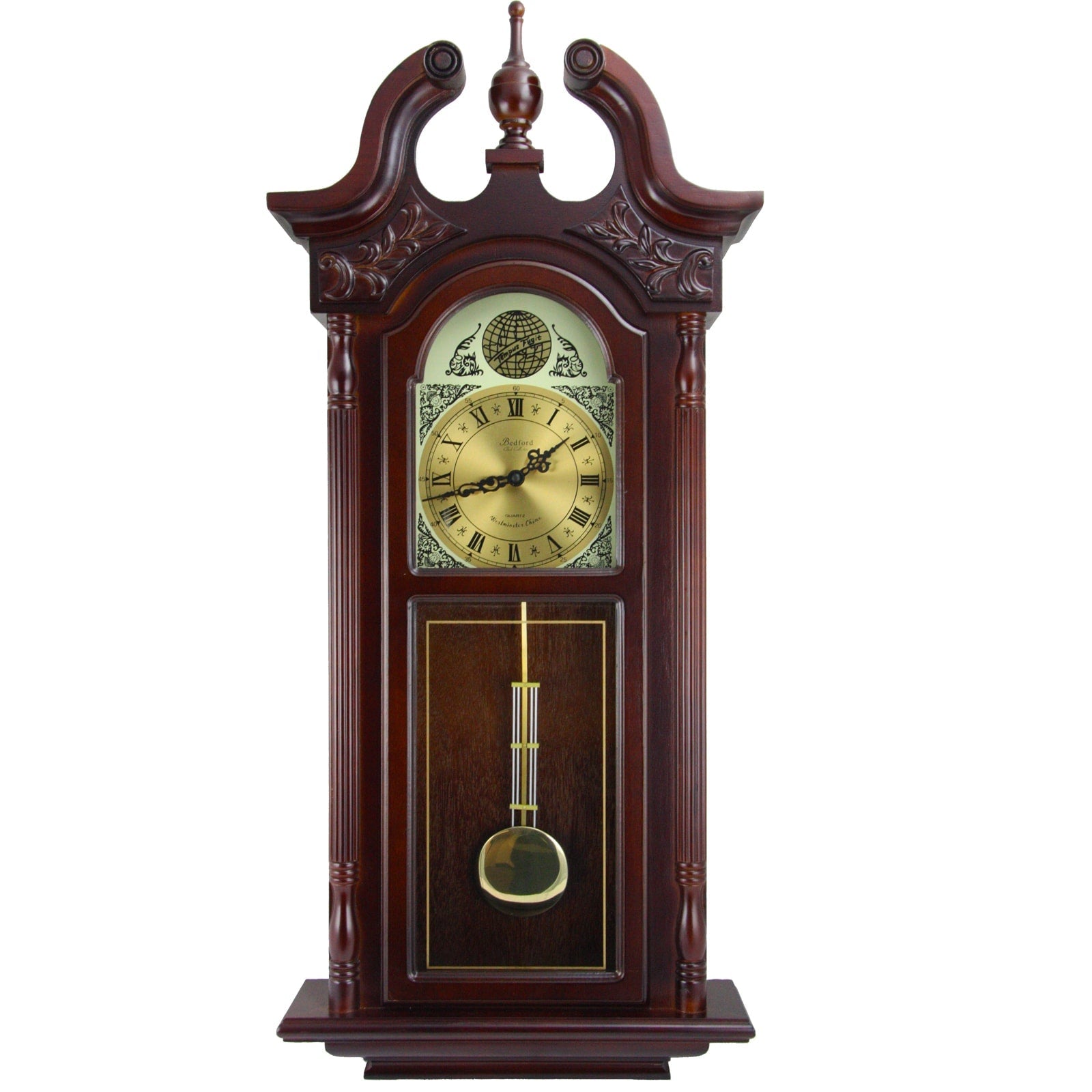 Bedford Clock Collection 38"Grand Antique Colonial Chiming Wall Clock with Roman Numerals in a Cherry Oak Finish