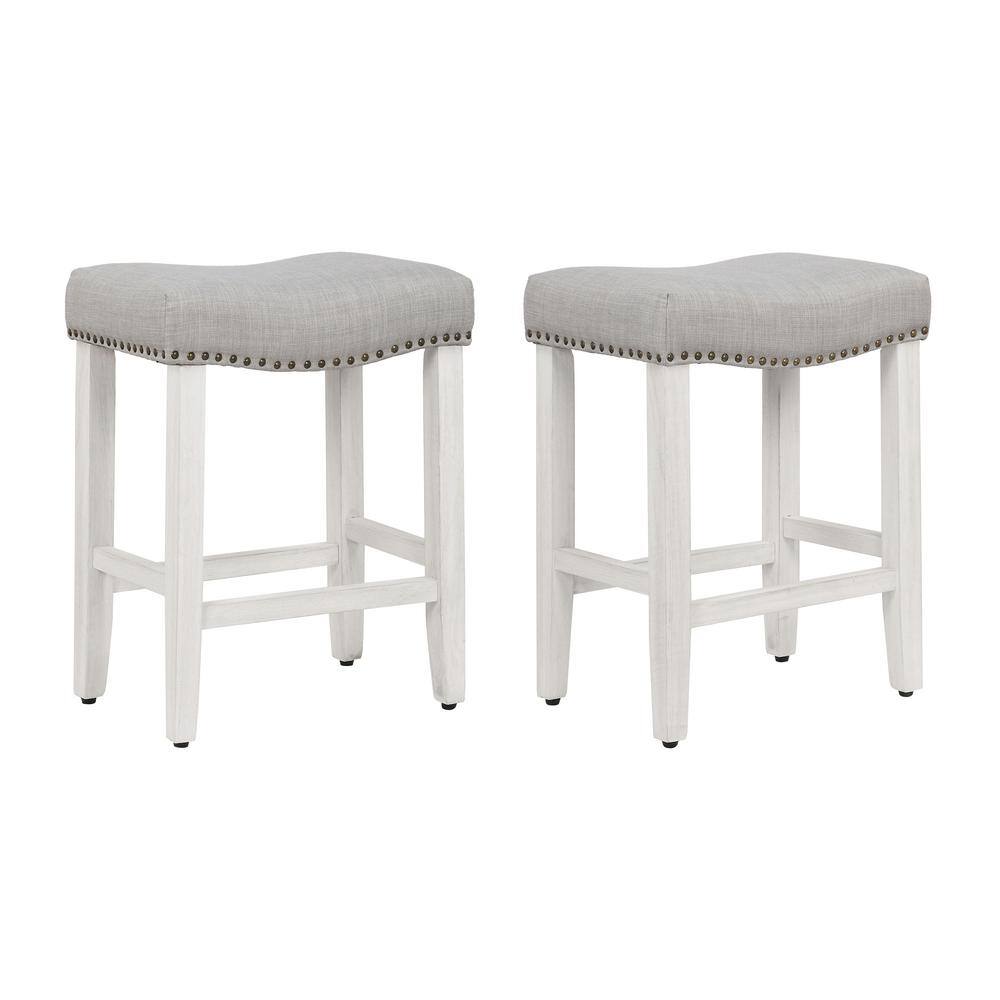 WESTIN OUTDOOR Jameson 24 in. Antique White Backless Wood Counter Stool with Gray Linen Seat (Set of 2) ID401-24-AW-GY-2