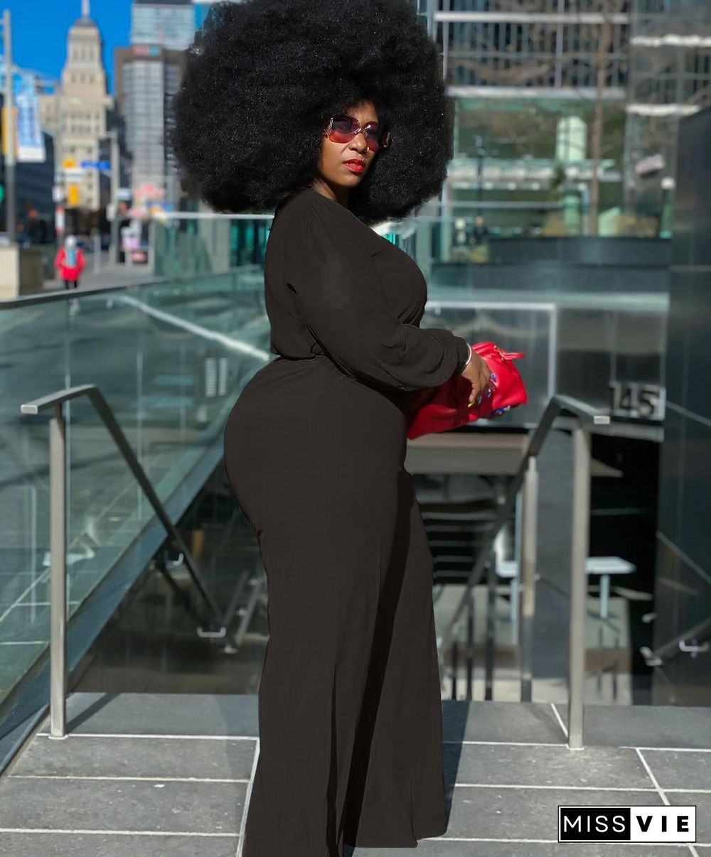 Long Sleeve V-neck Plus Size Wide Leg Jumpsuit