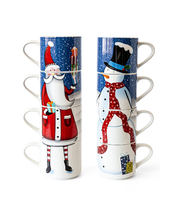 Over and Back Snowman and Santa Stackable Mugs Set of 4