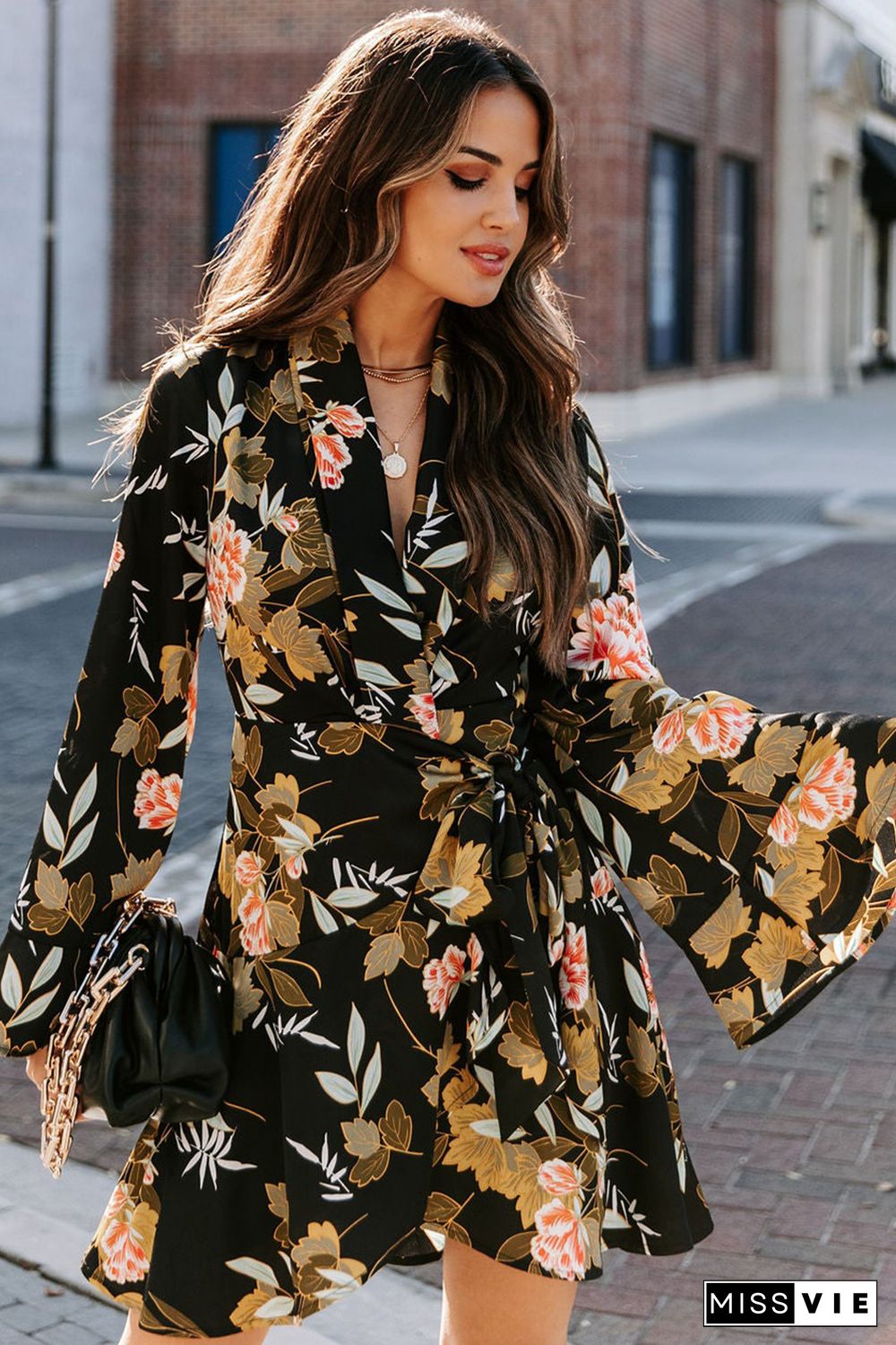 Black Palazzo Floral Ruffle Wrap Dress