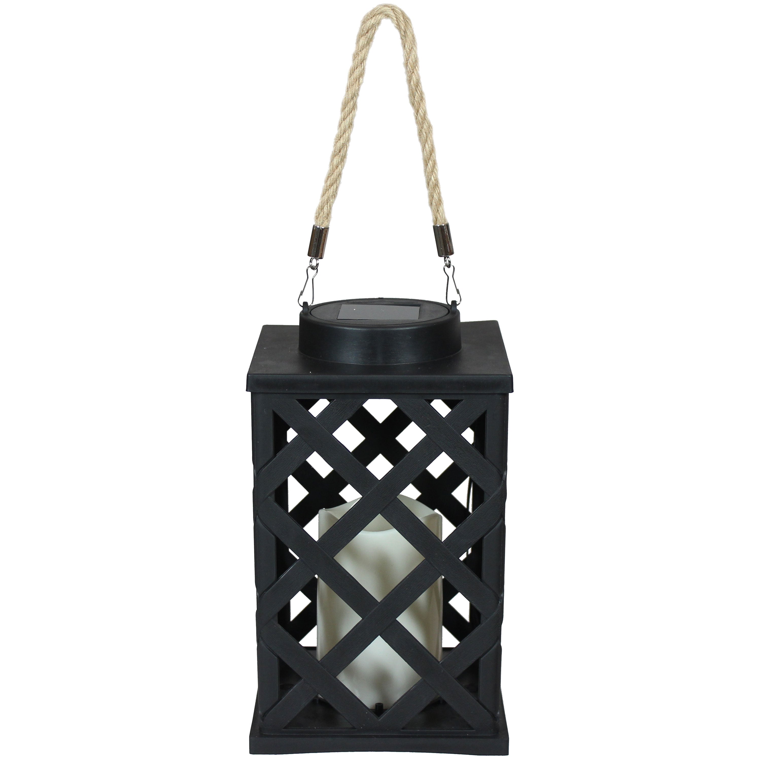 Sunnydaze Outdoor Modern Crosshatch Hanging Tabletop Solar LED Rustic Farmhouse Decorative Candle Lantern - 9