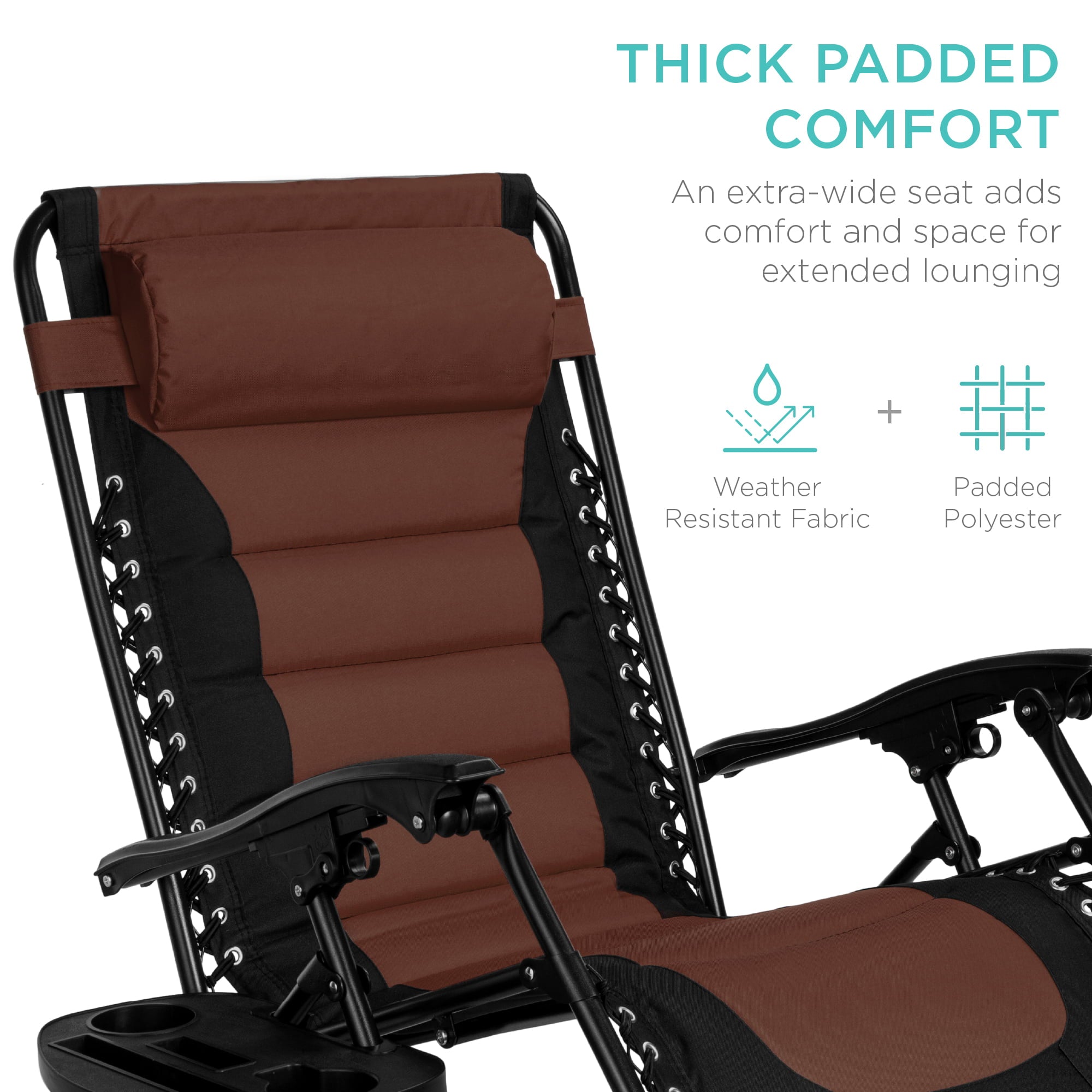 Best Choice Products Oversized Padded Zero Gravity Chair, Folding Outdoor Patio Recliner w/ Side Tray - Brown